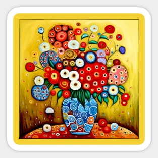 Red and White Flowers in a Blue Vase Still Life Painting Sticker